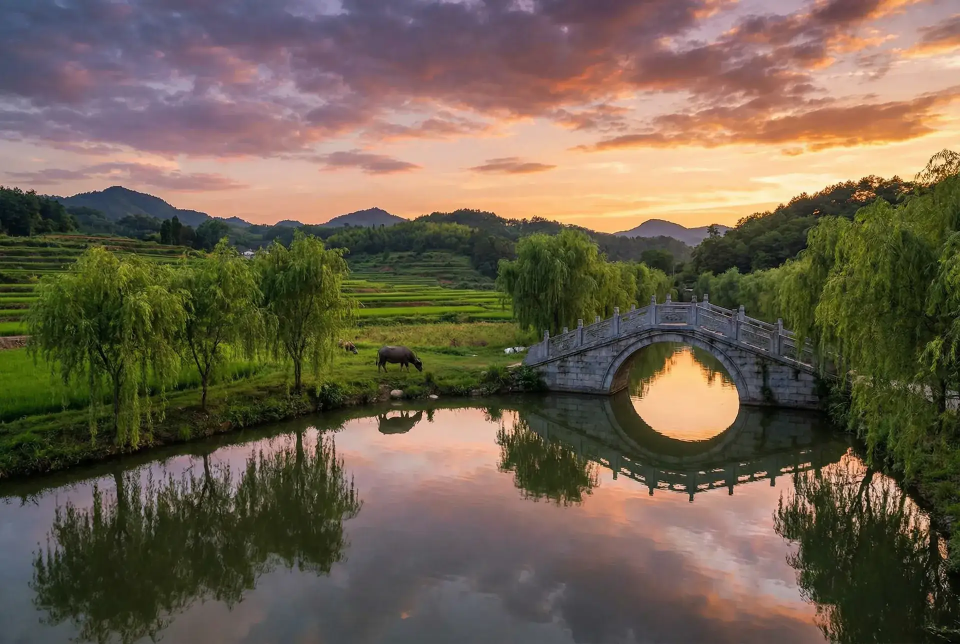 夕阳下的石拱桥与垂柳，水牛在河边吃草 - 操破苍穹 乡村美景
